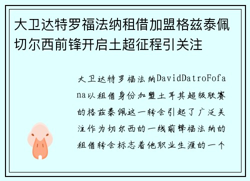 大卫达特罗福法纳租借加盟格兹泰佩切尔西前锋开启土超征程引关注