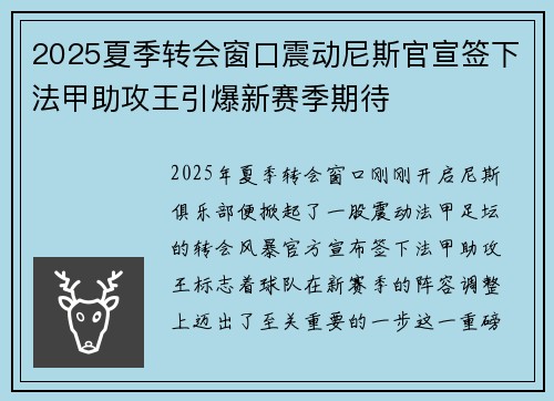 2025夏季转会窗口震动尼斯官宣签下法甲助攻王引爆新赛季期待