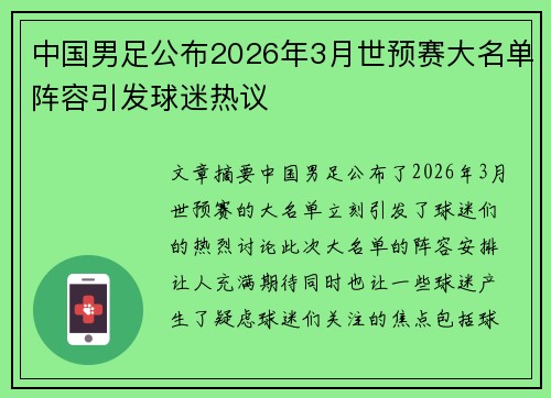 中国男足公布2026年3月世预赛大名单阵容引发球迷热议
